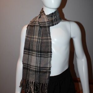 Womens Scarf Plaid Fringe 60 X 9 Inches Neutral Colors Beige Brown Blue